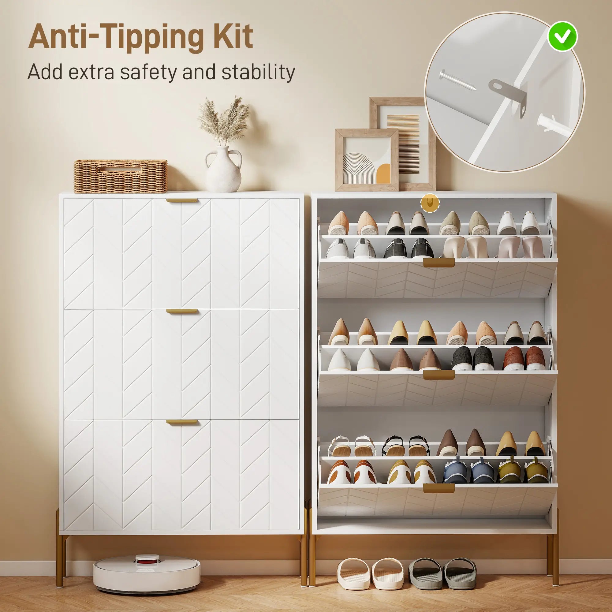 Shoe Cabinet, 3 Flip Drawers, Adjustable Shelves, White Shoe Storage Cabinets & Racks at Gallery Canada