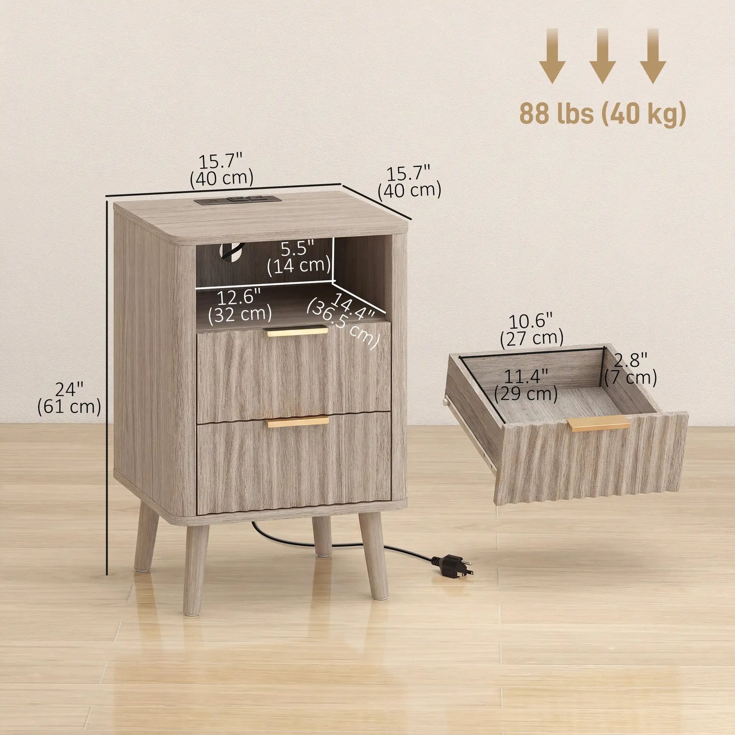 Modern Nightstands Set of 2, Charging Station, 2 Drawers, Open Shelf, Grey Bedside Tables at Gallery Canada