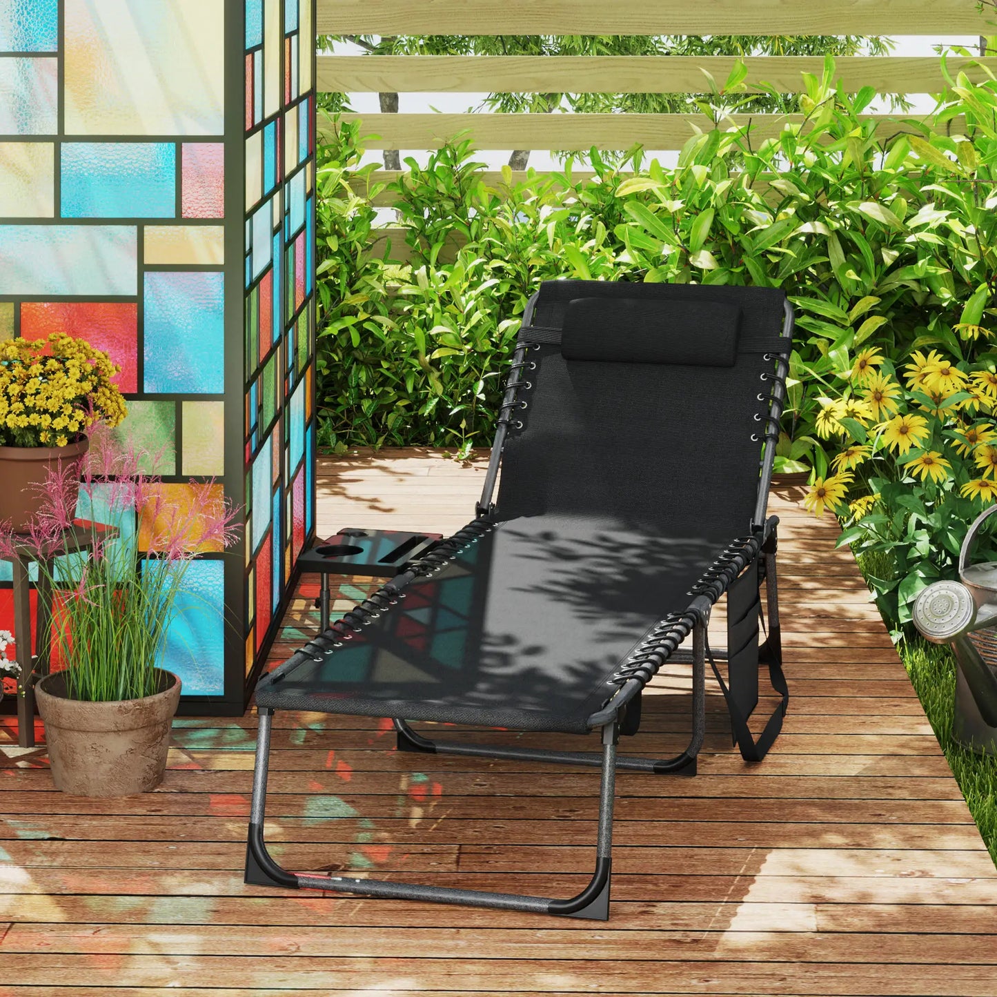 Folding Lounge Chair, Adjustable Back, Side Table, Headrest, Black Lounger Chairs at Gallery Canada