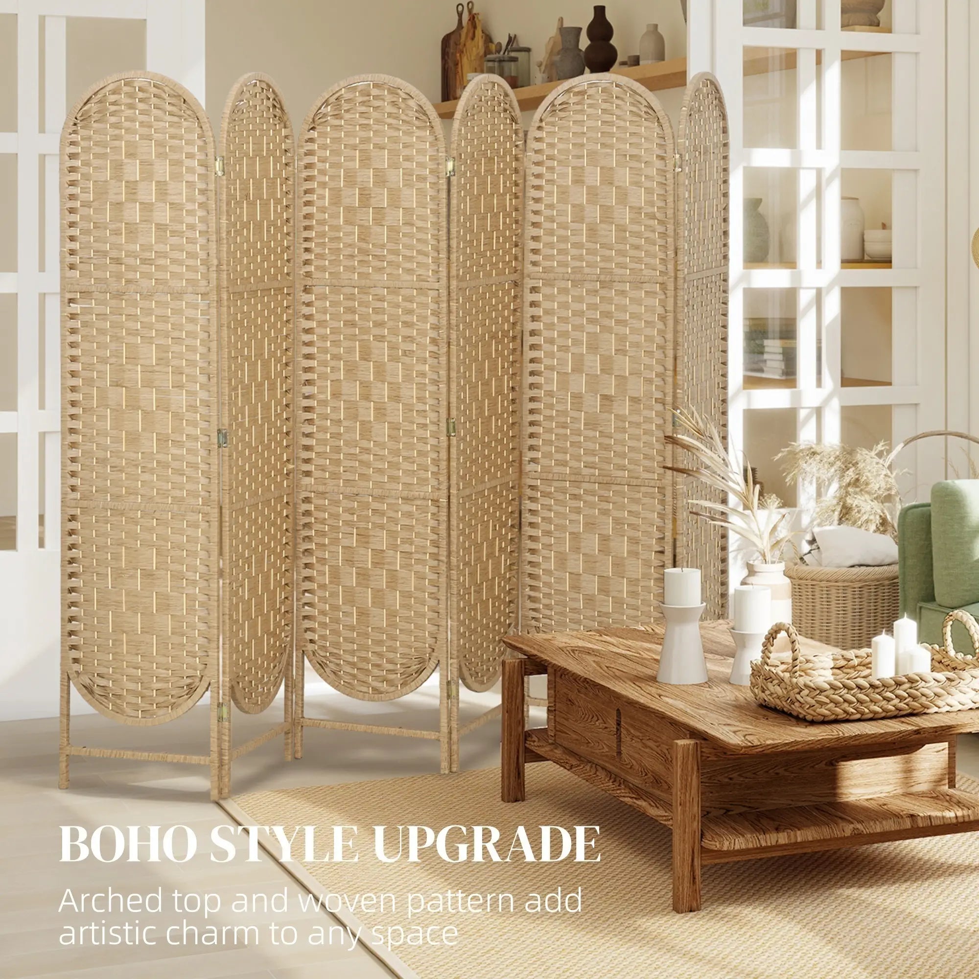 6 Panel Bohemian Privacy Screen, Arched Top Room Divider, Natural Wood Room Dividers at Gallery Canada