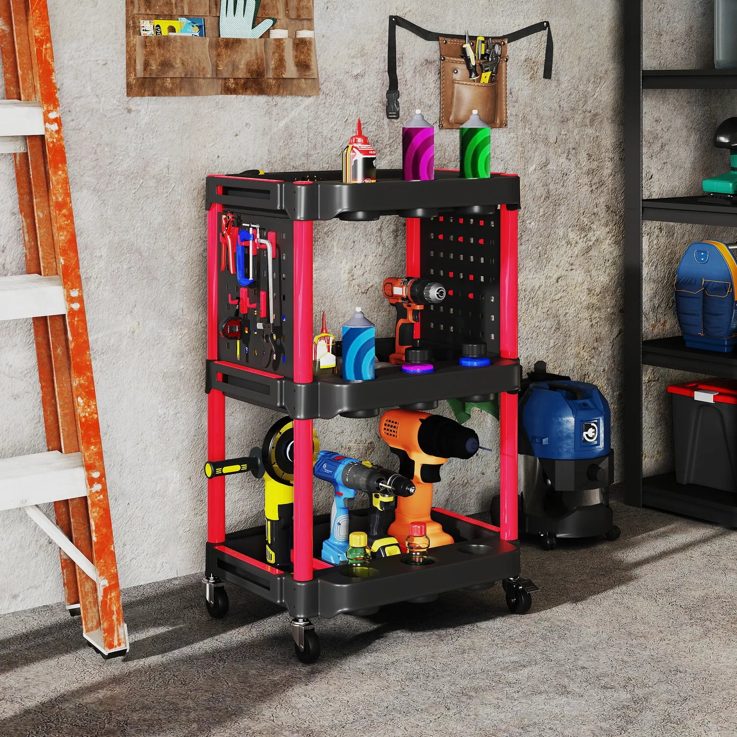 3-Tier Rolling Tool Cart, 200 LBS Capacity, Black & Red Tool Organizers at Gallery Canada