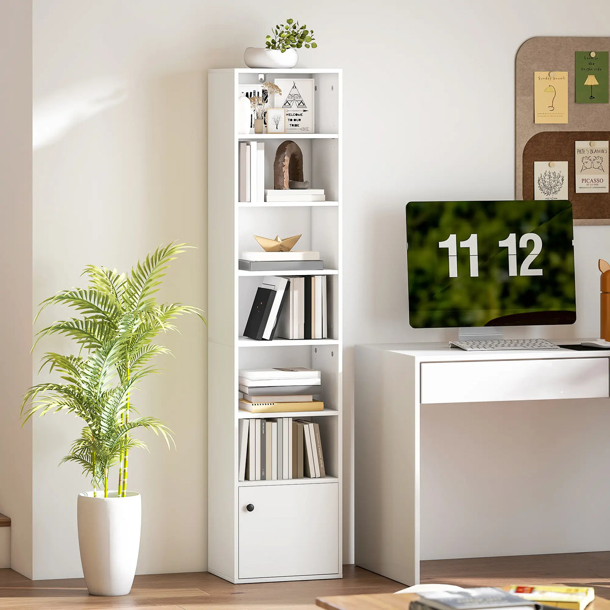 7-Tier Bookcase, Display Shelf with Cabinet, White