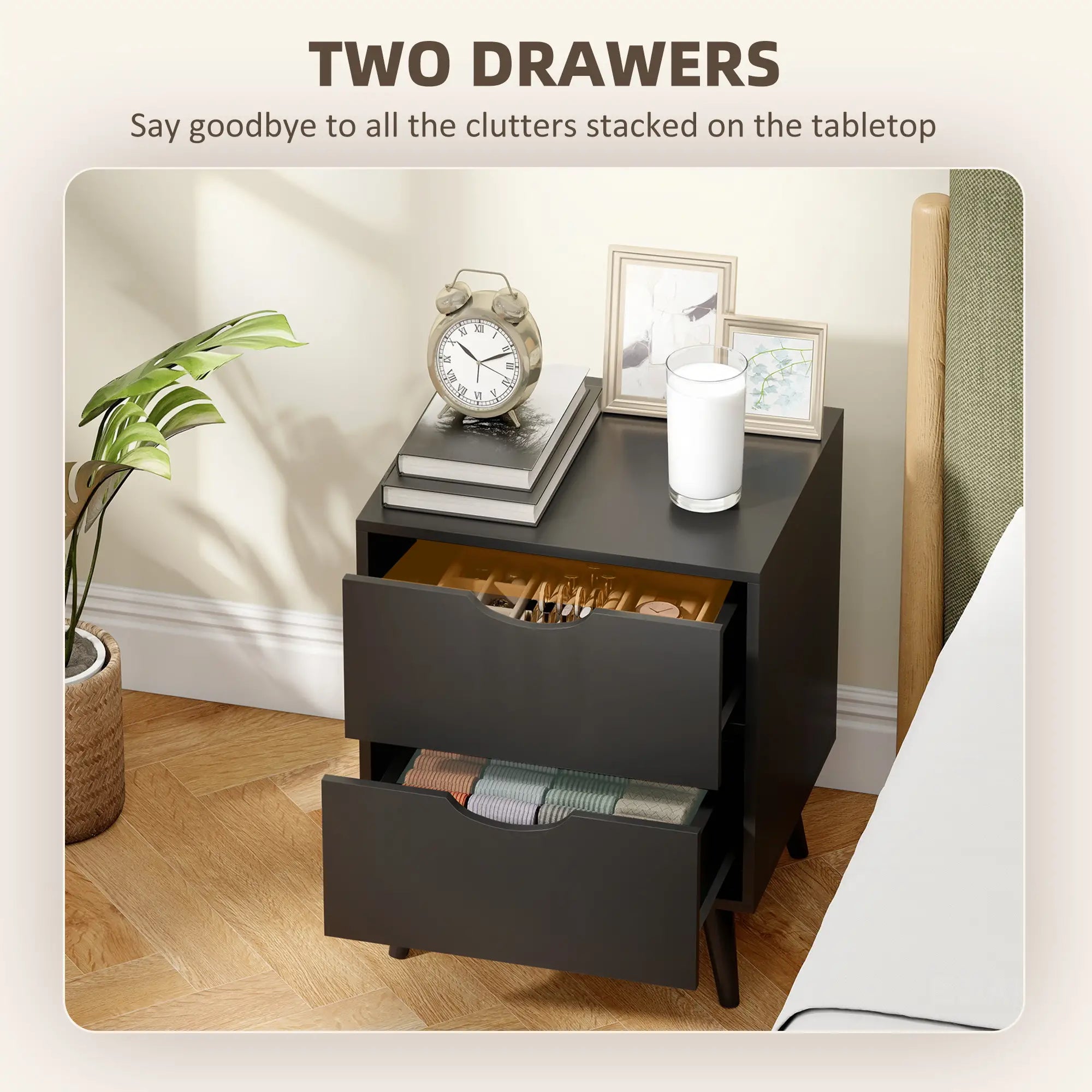 Modern Bedside Table Set Of 2, 2 Drawers, Pine Wood Legs, Black Bedside Tables at Gallery Canada