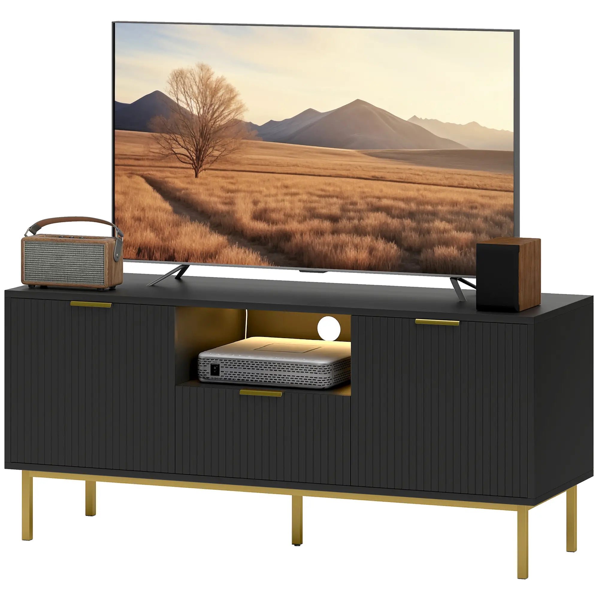 Modern TV Console For 40 Inch TVs, Smart RGB LED Lights, Soft Close Doors, Black TV Stands Gold, Black at Gallery Canada