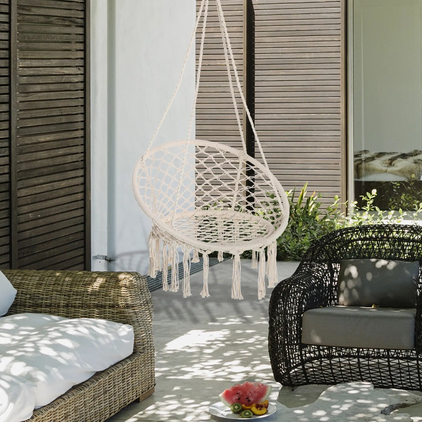 Hanging Rope Hammock Swing, Indoor Outdoor, Cotton-Polyester, Cream White Hammock Swings at Gallery Canada