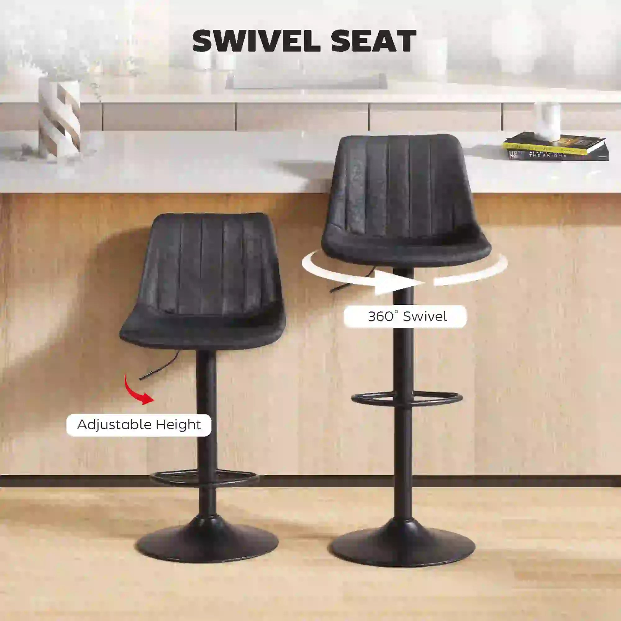 Adjustable Swivel Bar Stools, Set Of 2, Leathaire Upholstery, Black Bar Stools at Gallery Canada