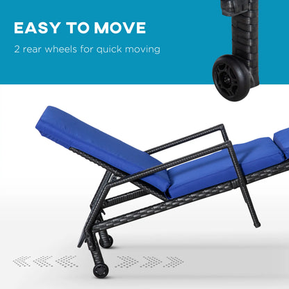 PE Rattan Chaise Lounger, Outdoor Recliner, 5-Level Backrest, 2 Wheels, Dark Blue Chaise Loungers at Gallery Canada