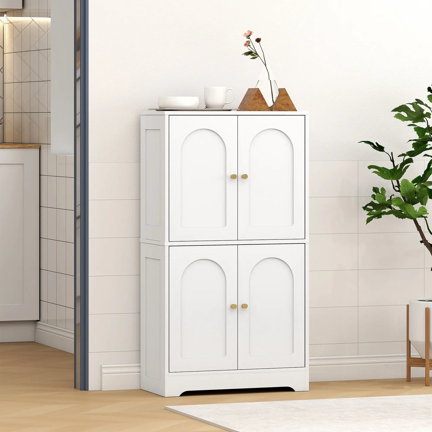 43" Kitchen Pantry Cabinet, Freestanding, 4 Arched Doors, 2 Adjustable Shelves, White Kitchen Pantry Cabinets at Gallery Canada
