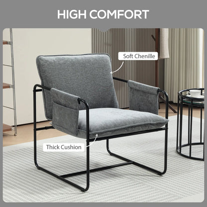 Modern Accent Chair, Upholstered Armchair with Side Pockets and Steel Frame, Comfy Reading Chair for Bedroom, Grey Accent Chairs at Gallery Canada