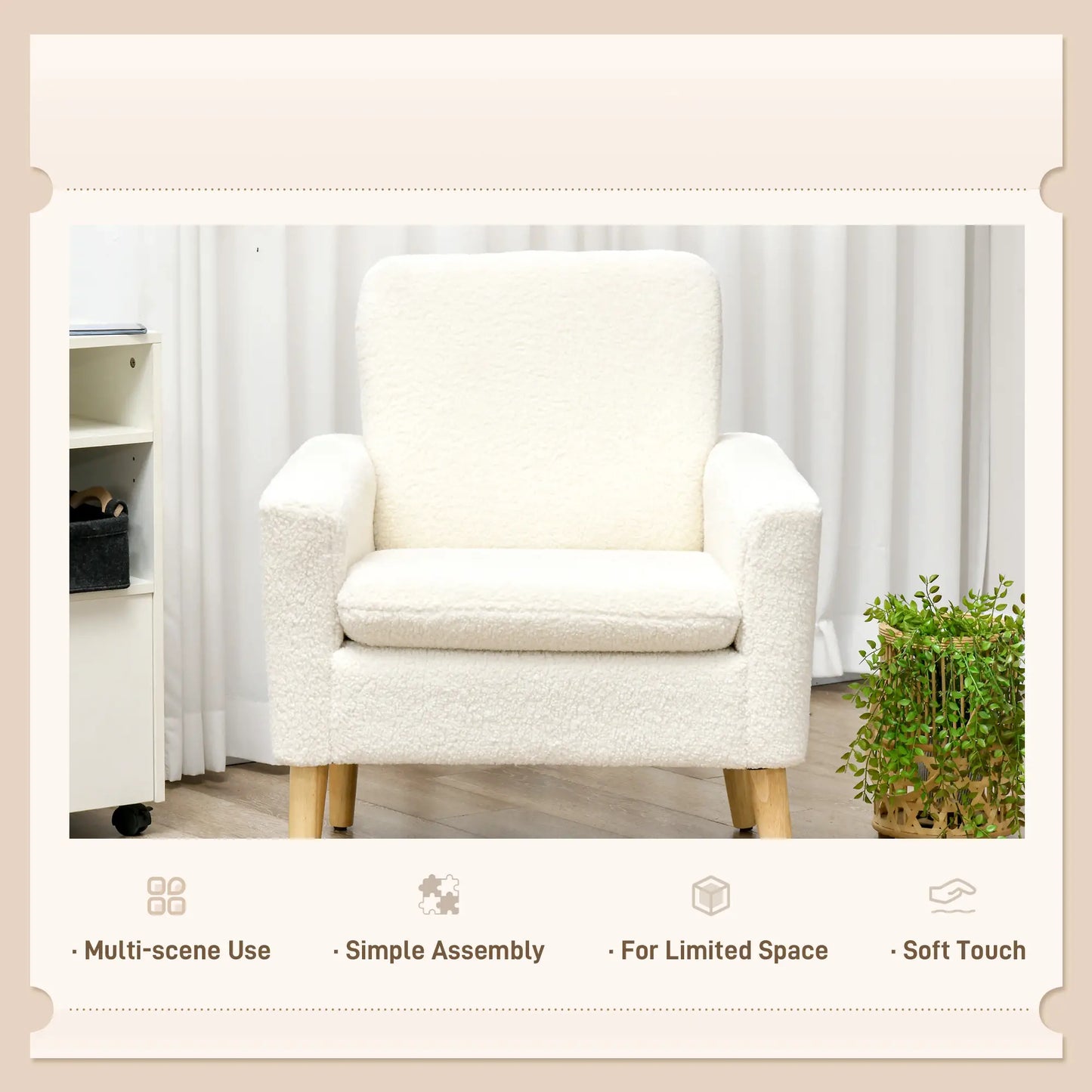 Modern Fabric Accent Chair, Upholstered Armchair with Wood Legs, Cream White Accent Chairs at Gallery Canada