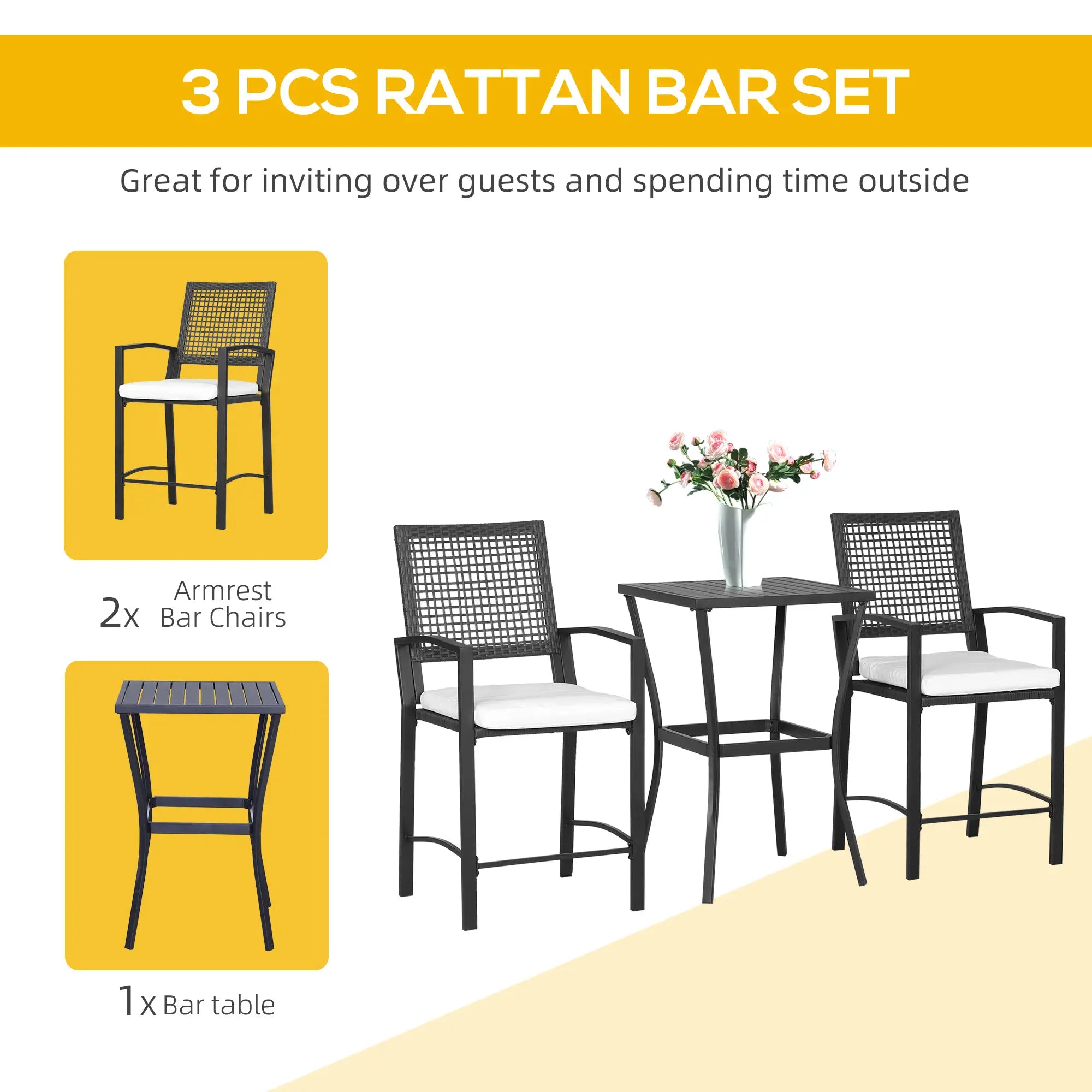 3-Piece Outdoor Wicker Bar Set, Rattan Patio Table & Chairs w/ Cushions, Cream White Bistro Sets at Gallery Canada