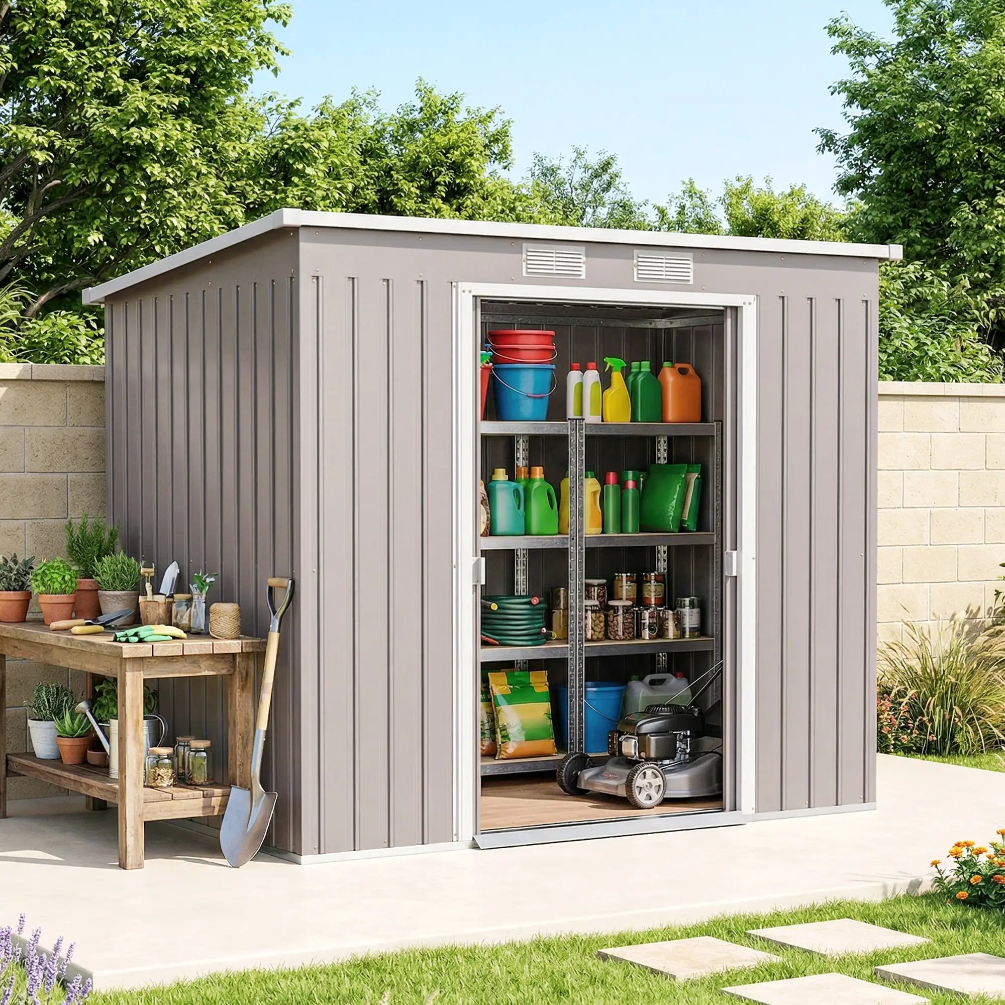 7' x 4' Galvanized Steel Garden Shed, Foundation Kit, Grey Sheds at Gallery Canada
