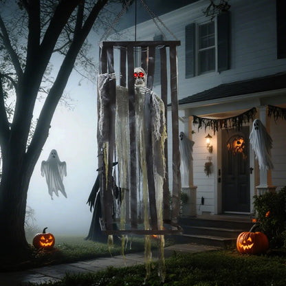 Animatronics Hanging Skeleton Reaper in Cage, Voice-Activated, Flashing Eyes Halloween Decorations at Gallery Canada