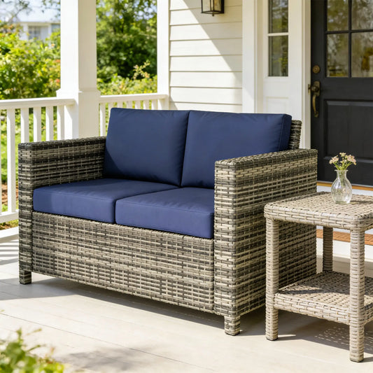 Wicker Outdoor Sofa, All Weather Patio Loveseat With Cushions, Dark Blue Patio Furniture Sets Mixed Grey Rattan, Dark Blue Cushion at Gallery Canada