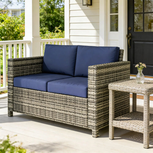 Wicker Outdoor Sofa, All Weather Patio Loveseat With Cushions, Dark Blue