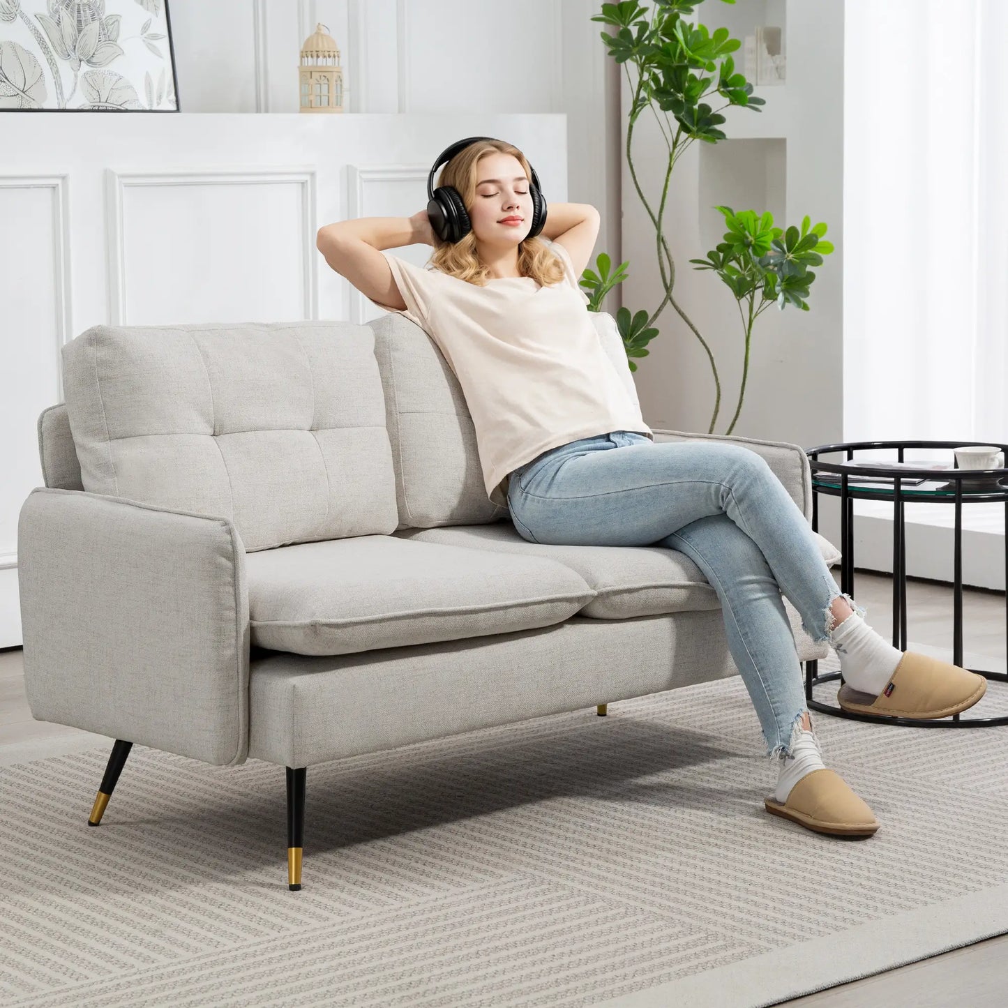 55" Loveseat, Fabric Sofa, Button Tufted Back, Steel Legs, Cream White 2-Seater Sofas at Gallery Canada