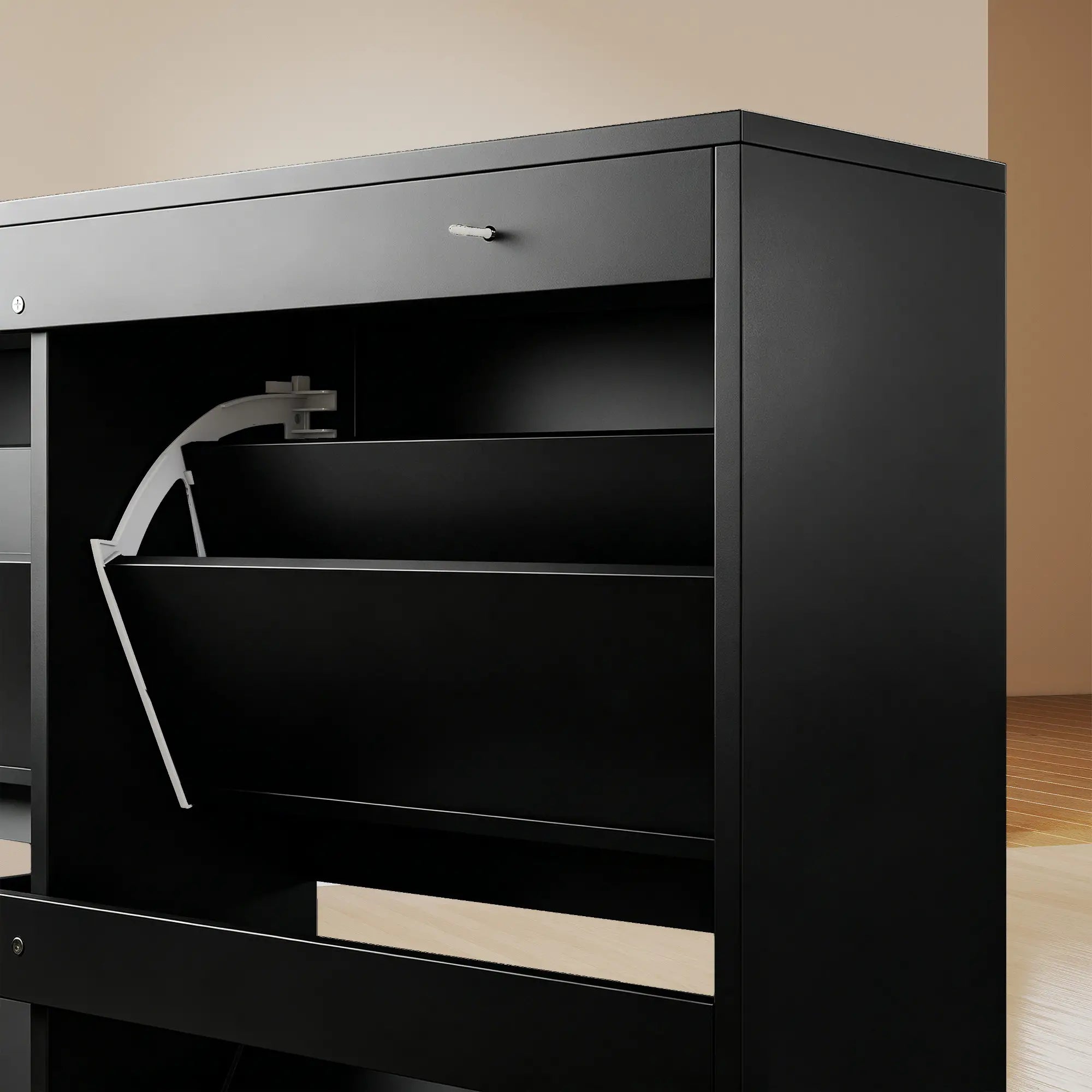 Shoe Cabinet with 4 Flip Drawers, Freestanding Narrow Shoe Storage Cabinet with Adjustable Shelves, Open Back, Black Shoe Storage Cabinets & Racks at Gallery Canada