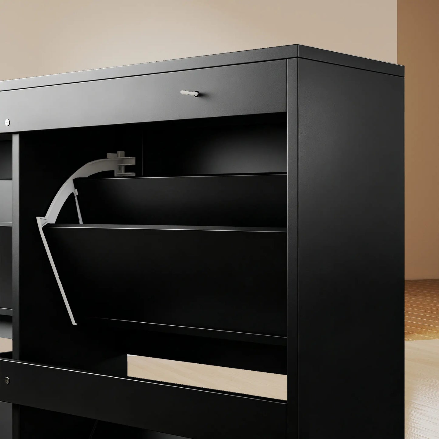 Shoe Cabinet with 4 Flip Drawers, Freestanding Narrow Shoe Storage Cabinet with Adjustable Shelves, Open Back, Black Shoe Storage Cabinets & Racks at Gallery Canada