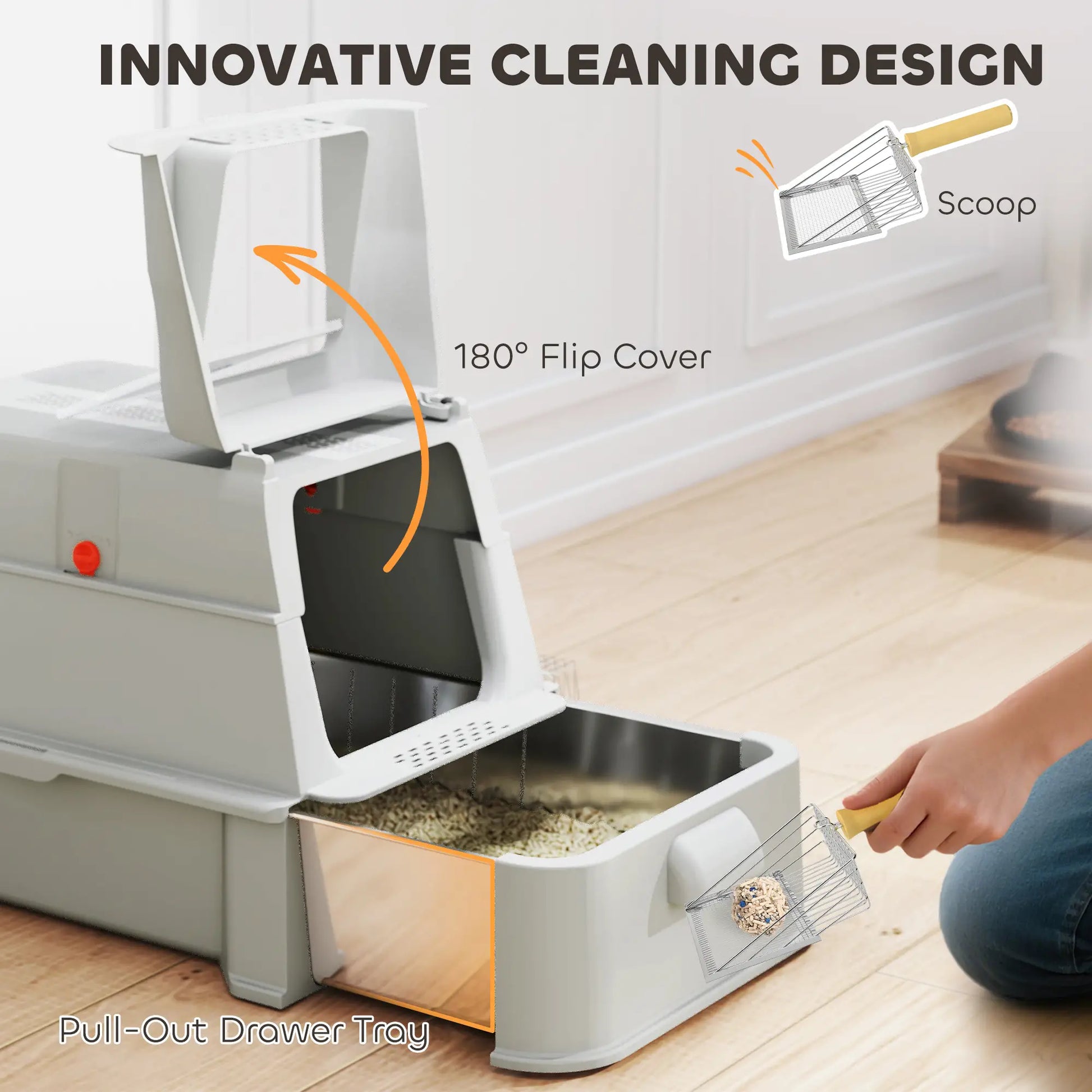 80L XL Stainless Steel Cat Litter Box, Flip Cover, Pull-Out Drawer, High Sided, Pedal, Light Grey Cat Litter Box Enclosures at Gallery Canada