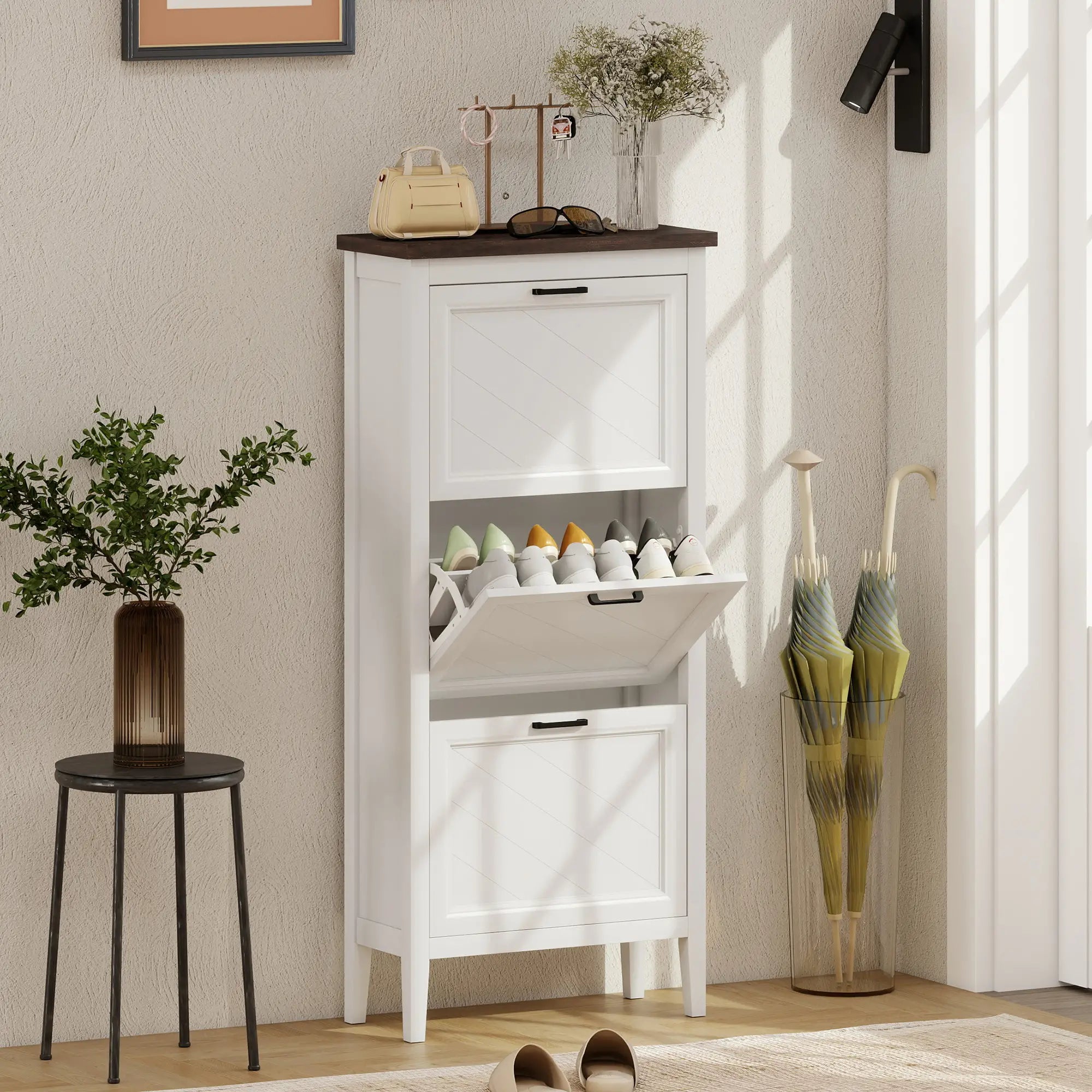 Shoe Cabinet with 3 Flip Drawers, Farmhouse Narrow Shoe Storage Cabinet with Adjustable Shelves, White Shoe Storage Cabinets & Racks at Gallery Canada