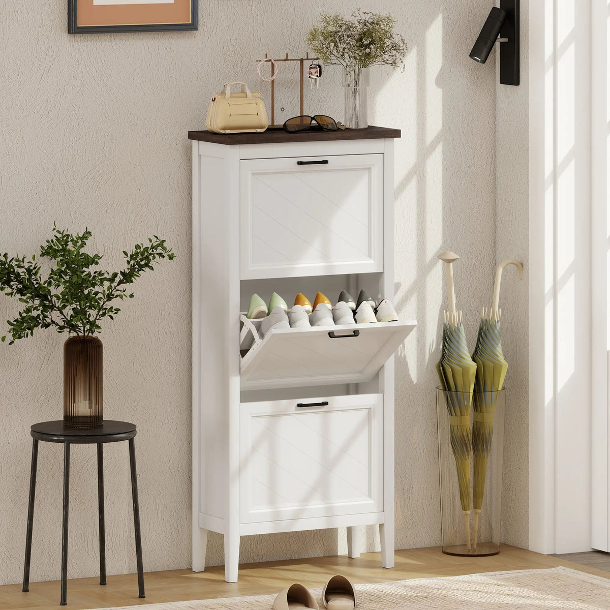 Shoe Cabinet with 3 Flip Drawers, Farmhouse Narrow Shoe Storage Cabinet with Adjustable Shelves, White Shoe Storage Cabinets & Racks at Gallery Canada