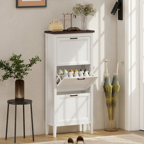 Shoe Cabinet with 3 Flip Drawers, Farmhouse Narrow Shoe Storage Cabinet with Adjustable Shelves, White