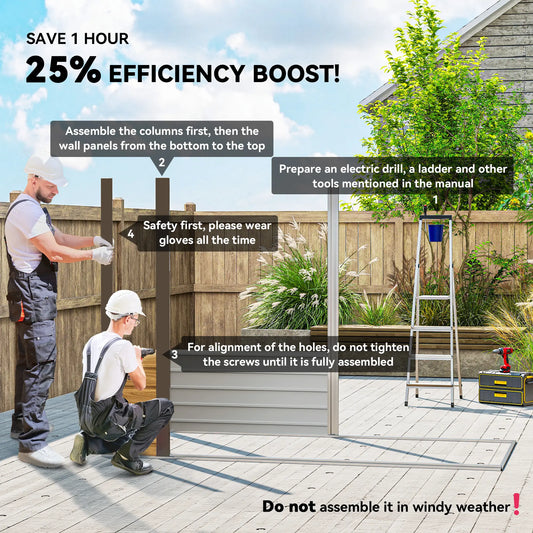 8x4FT Galvanized Metal Garden Storage Shed, Double Doors, 2 Vents, Oak