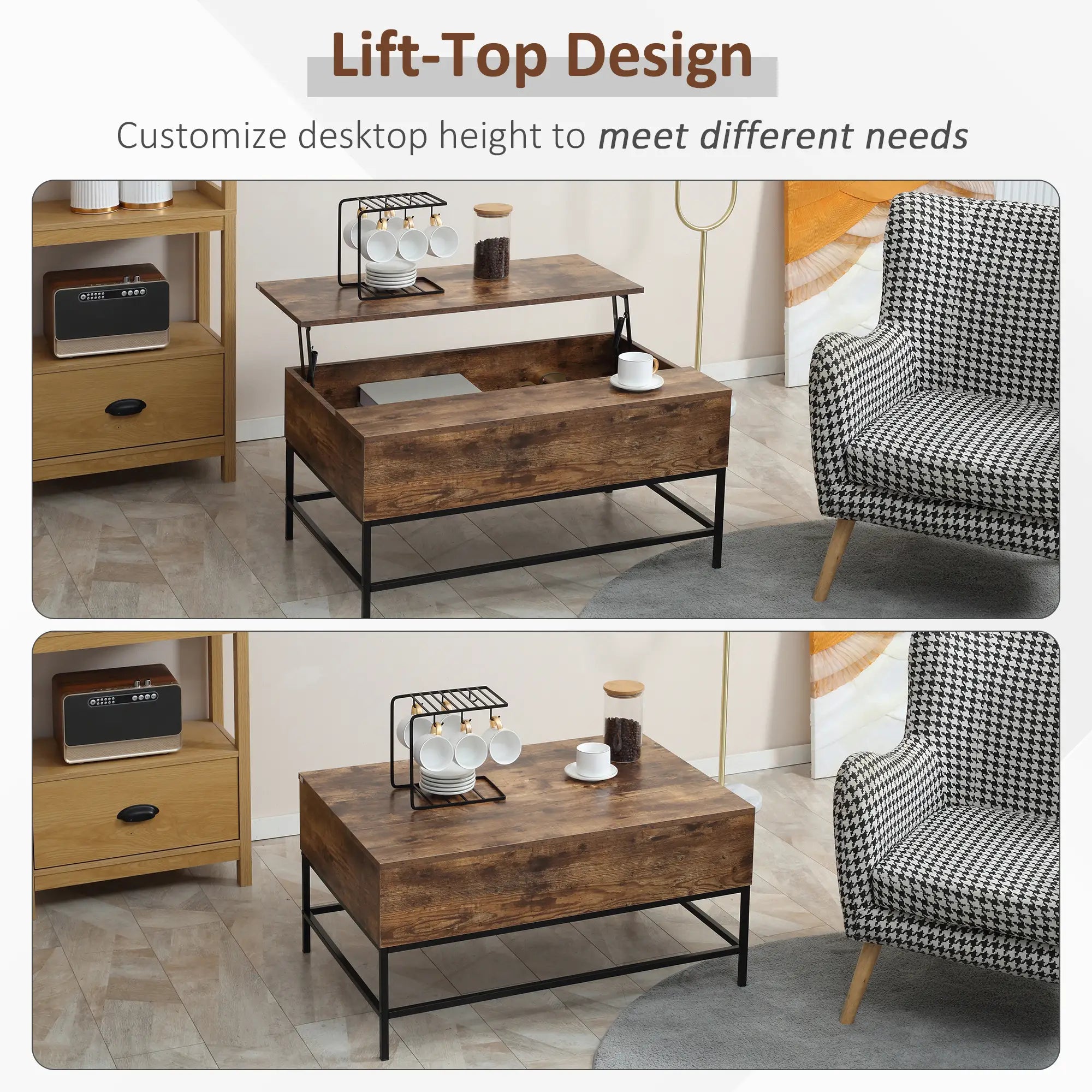 Lift Top Coffee Table, Hidden Storage, Living Room, Rustic Brown Coffee Tables at Gallery Canada