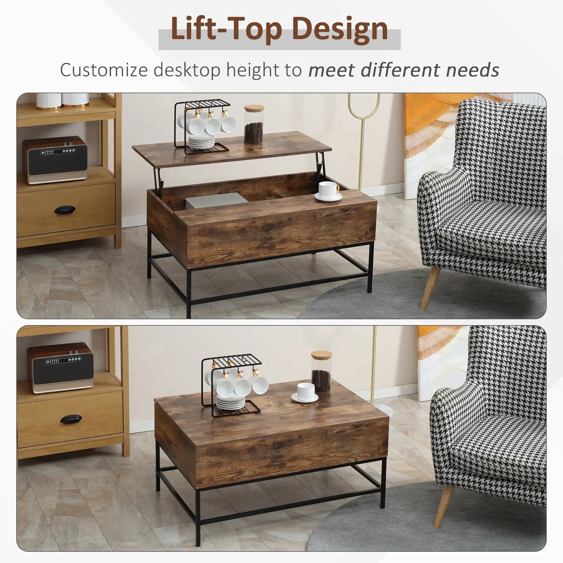 Lift Top Coffee Table, Hidden Storage, Living Room, Rustic Brown Coffee Tables at Gallery Canada