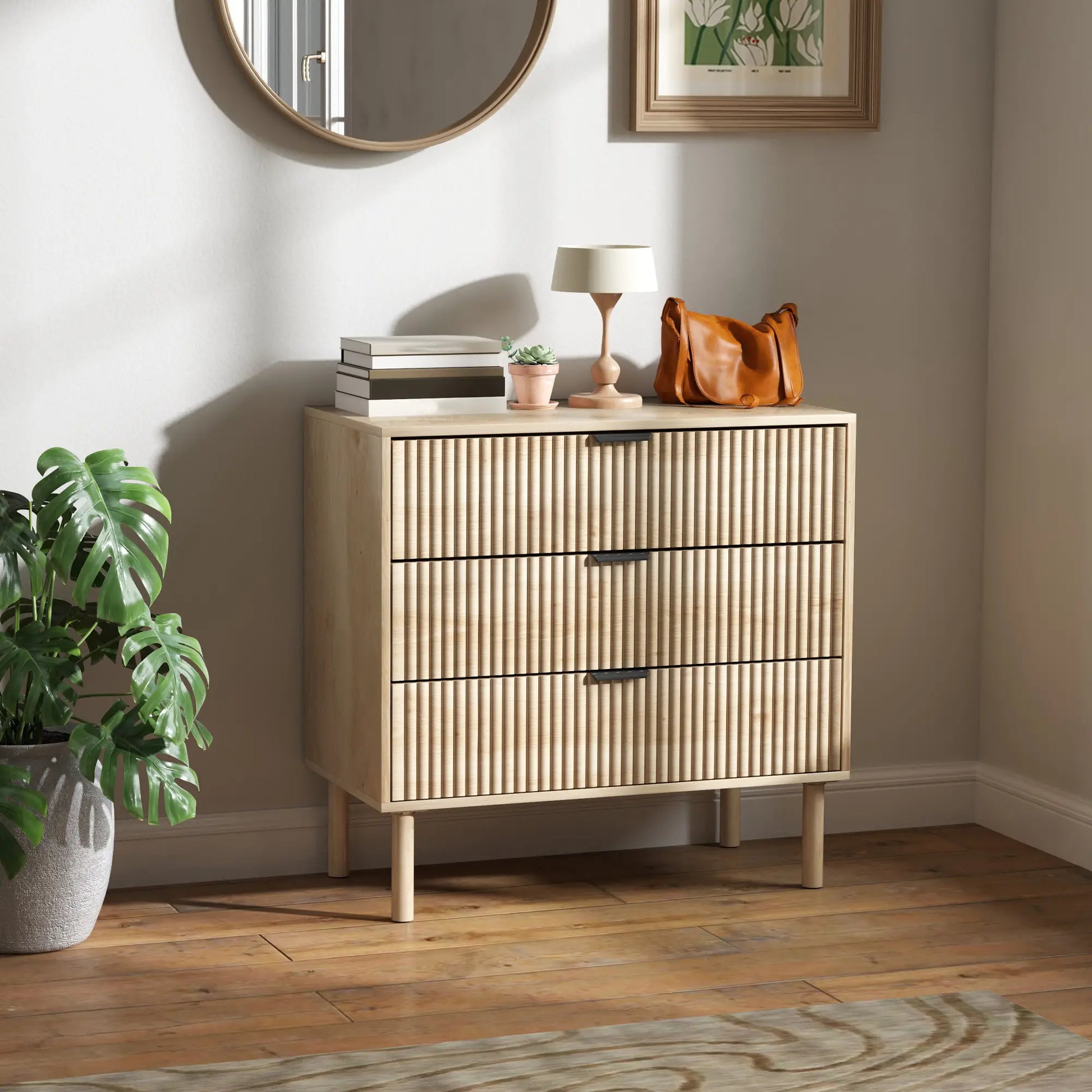 3 Drawer Dresser, Fluted Panels, Solid Wood Legs, Oak Storage Cabinets at Gallery Canada