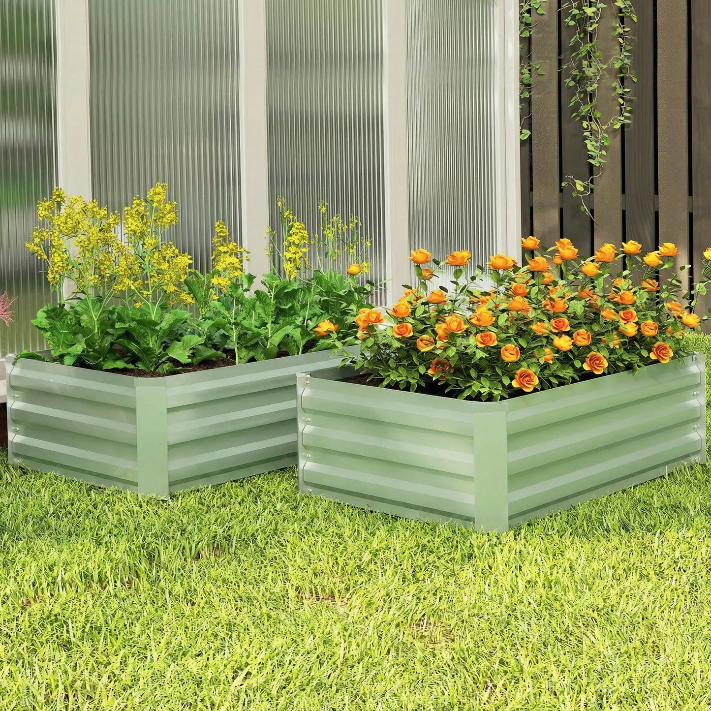 Galvanized Raised Garden Bed Set, 2 Light Green Planter Boxes, Light Green Galvanized Planter Boxes at Gallery Canada