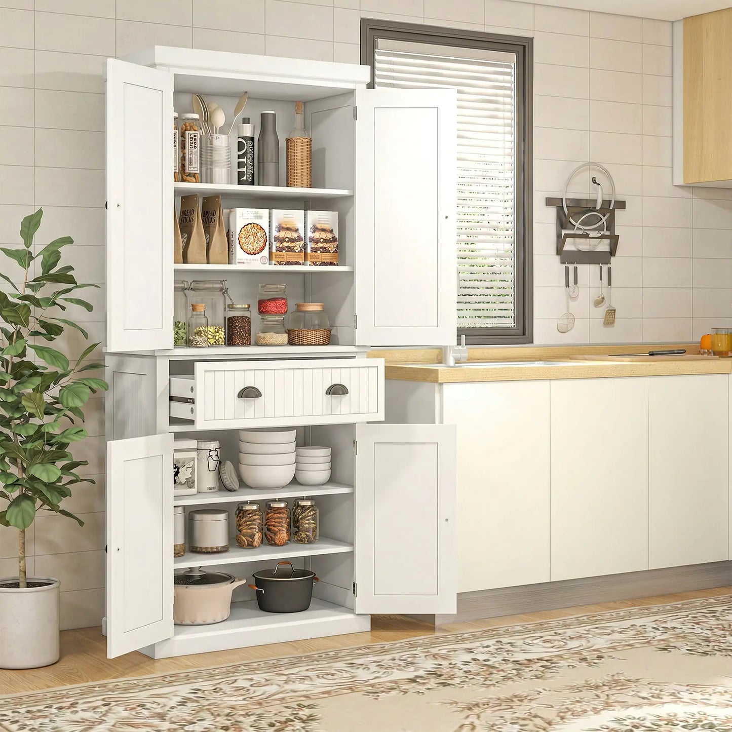 72" Kitchen Pantry, Storage Cabinet with Drawer, Doors, Cream White Kitchen Pantry Cabinets at Gallery Canada