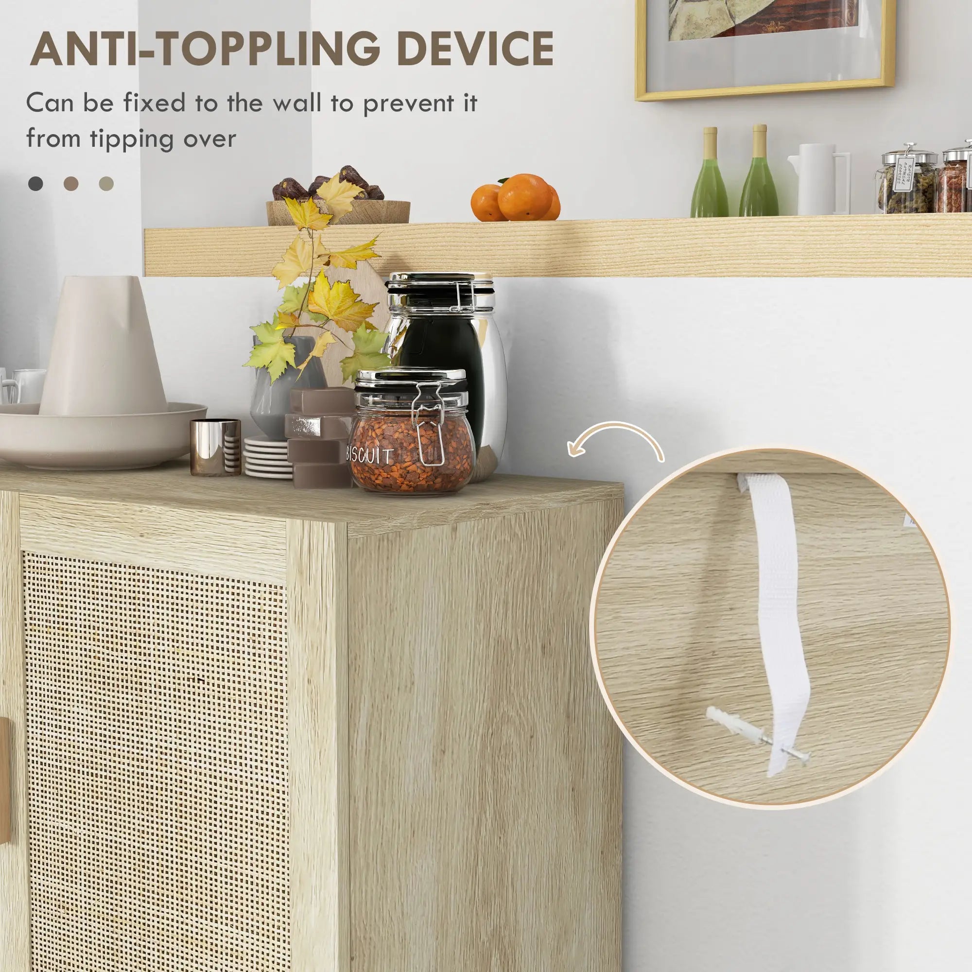 Boho Sideboard Buffet, 3 Rattan Doors, Adjustable Shelves, Natural Storage Cabinets at Gallery Canada