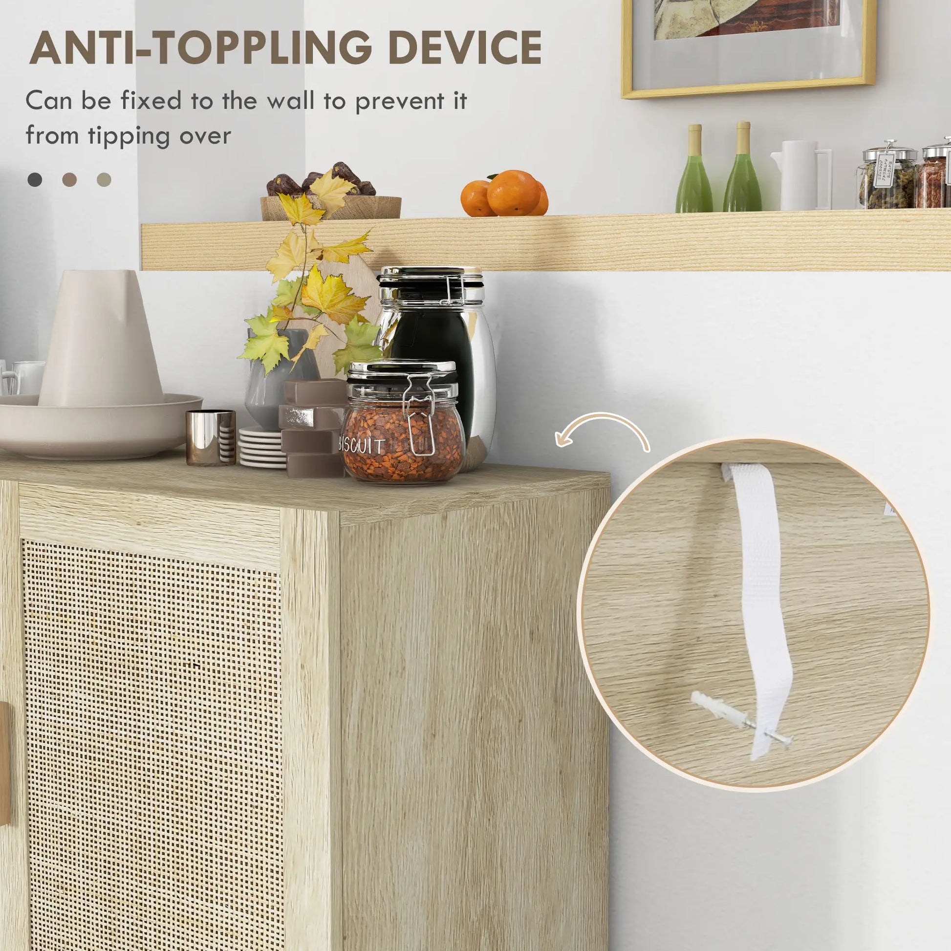 Boho Sideboard Buffet, 3 Rattan Doors, Adjustable Shelves, Natural Storage Cabinets at Gallery Canada