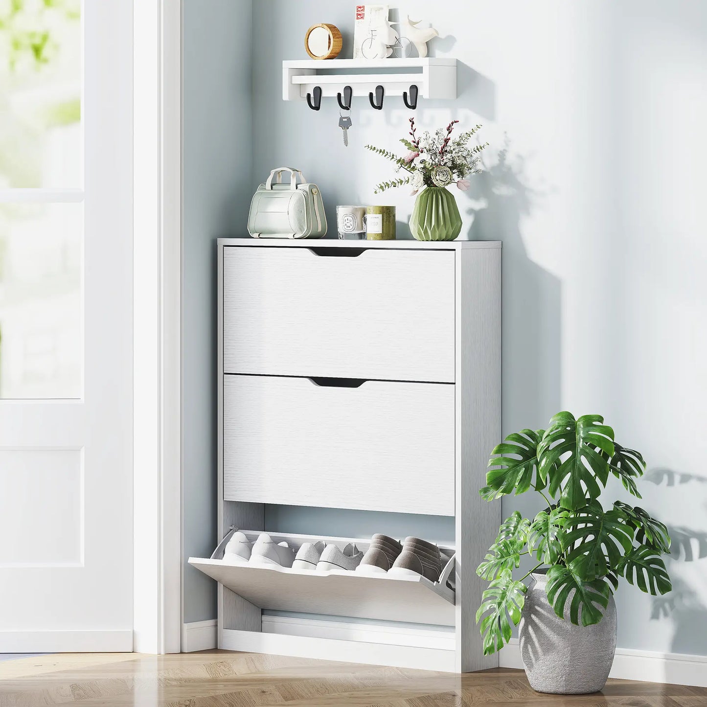 Narrow Shoe Cabinet 3 Flip Drawers, 31.5"W x 6.7"D x 42.5"H, White Shoe Storage Cabinets & Racks at Gallery Canada