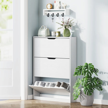 Narrow Shoe Cabinet 3 Flip Drawers, 31.5"W x 6.7"D x 42.5"H, White Shoe Storage Cabinets & Racks at Gallery Canada
