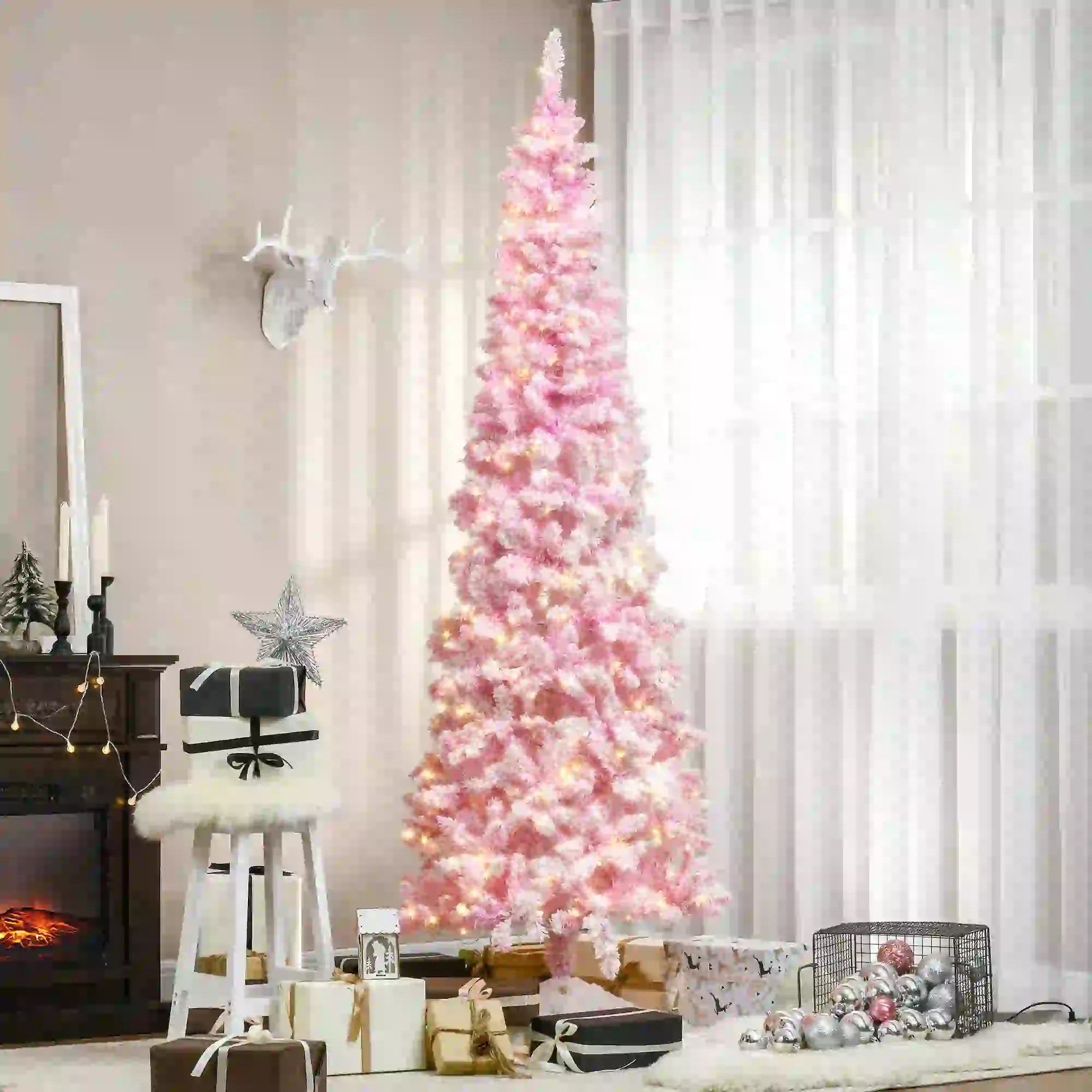 7.5 Foot Prelit Snow Flocked Christmas Tree, 700 Pine Branches, Warm White LED, White, Pink Pre Lit Christmas Trees at Gallery Canada