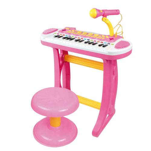 Kids Toy Piano Keyboard, Sitting Stool, Microphone, Flashlight, Pink