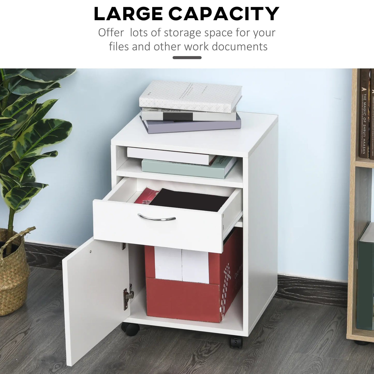 24" Small Filing Cabinet, Open Compartment, Drawer, Wheels, White Office Cabinets & Cupboards at Gallery Canada