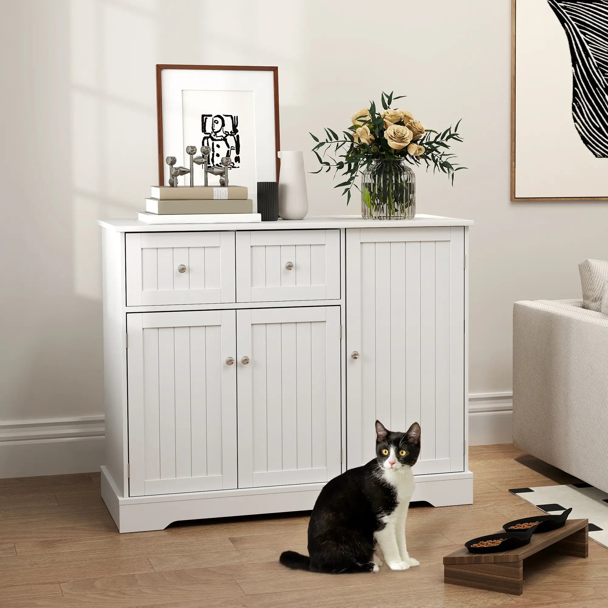 Cat Litter Box Enclosure with Drawer, Storage, Anti-Tip Kit, White Cat Litter Box Enclosures at Gallery Canada