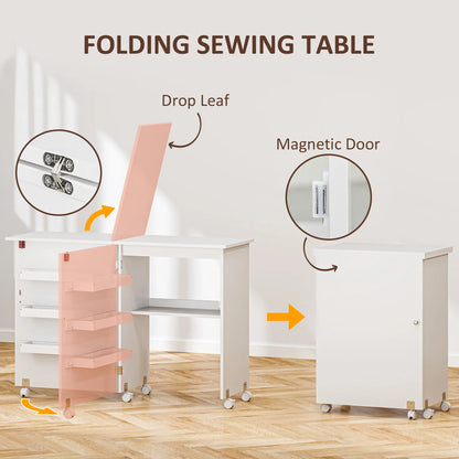 Folding Sewing Table with Storage, Lockable Wheels, White Storage Cabinets at Gallery Canada