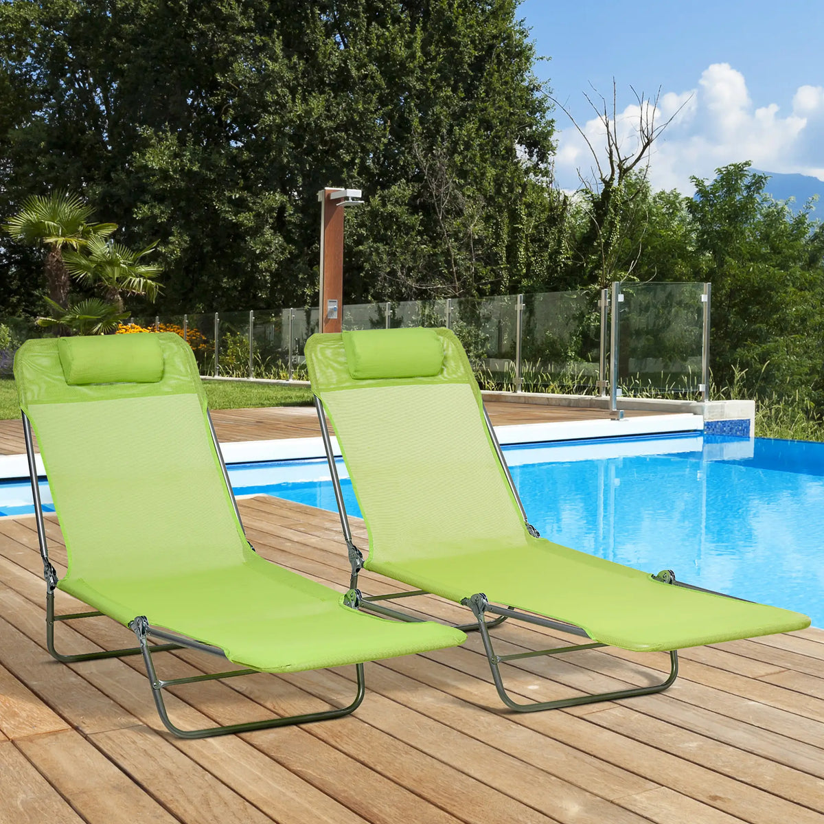 Set of 2 Folding Chaise Lounge Chairs, Outdoor, Reclining, Green