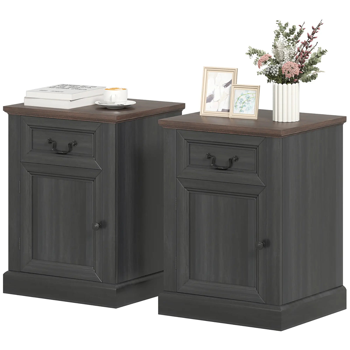 Side Table Set of 2 with Drawer and Cabinet, Black Side Tables Black, Brown at Gallery Canada