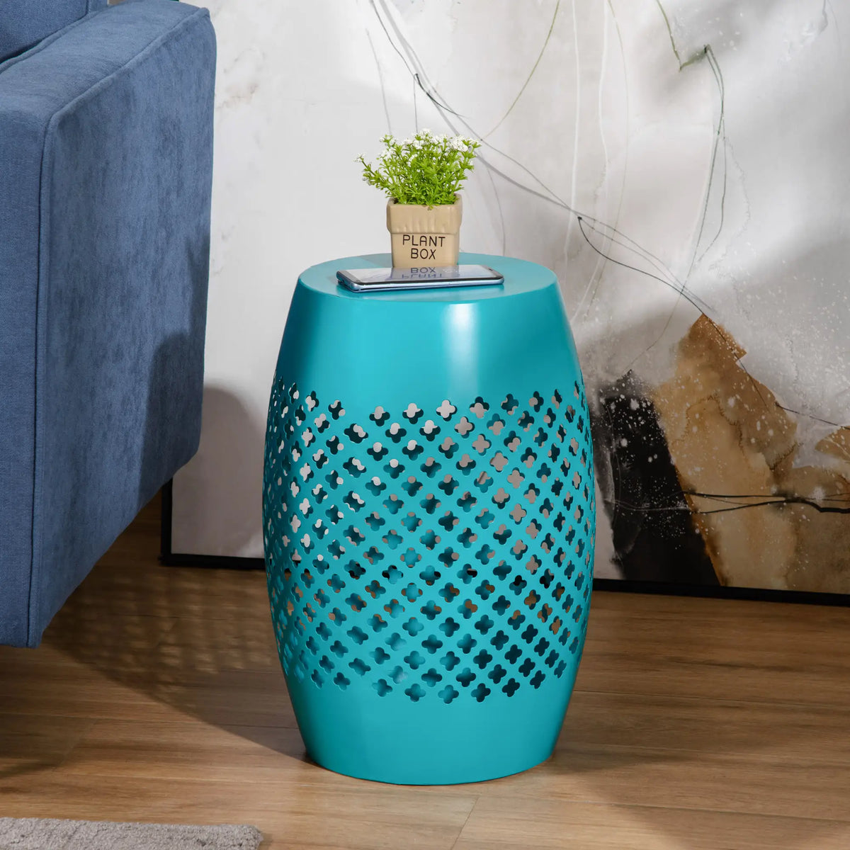 12.5" Steel Round Drum Patio Table, Indoor Outdoor, Teal Patio Dinning Tables at Gallery Canada
