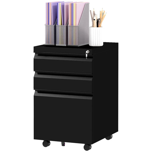 3 Drawer File Cabinet with Lock, Steel, 5 Wheels, Black