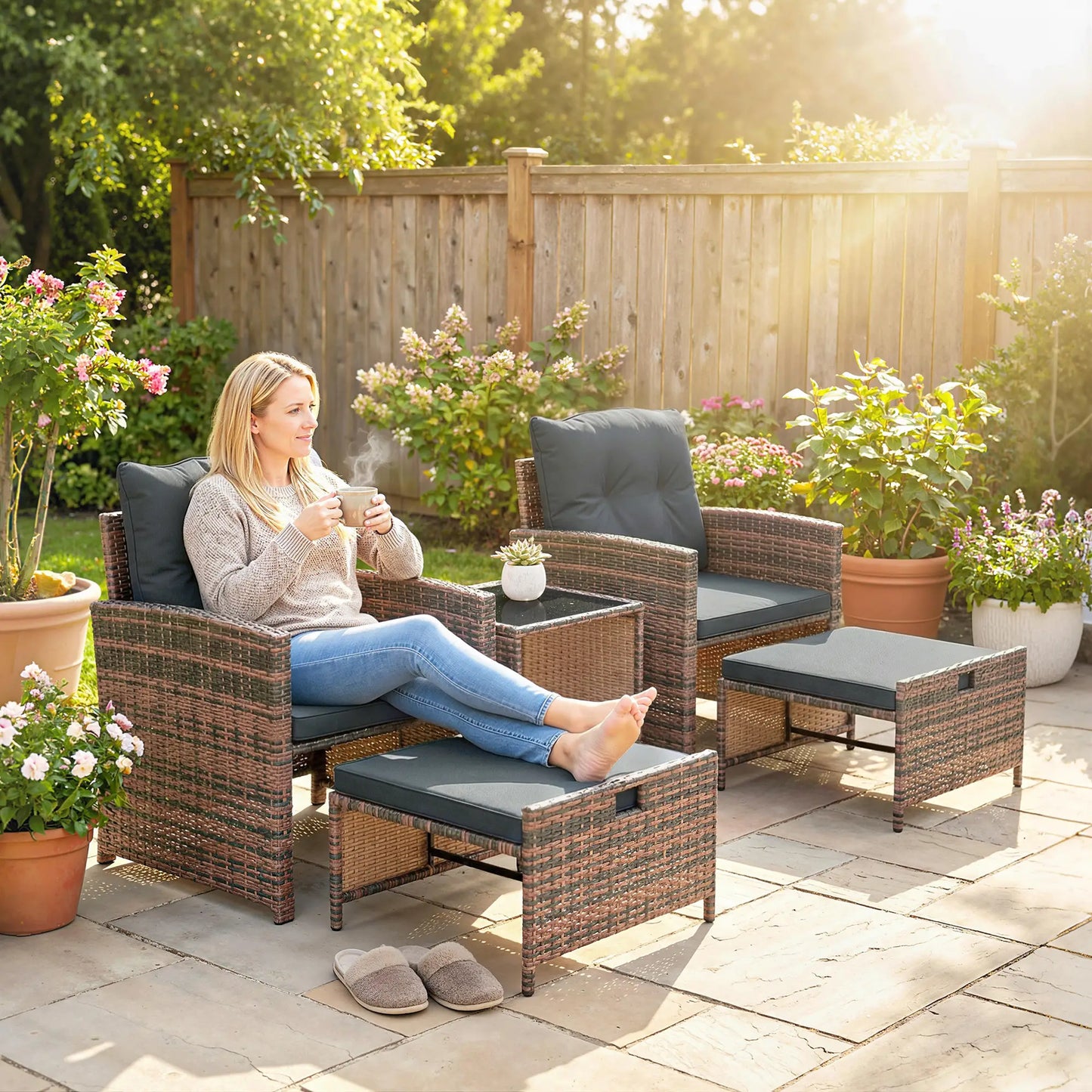 5 Piece Patio Furniture Set, Wicker Chairs, 2-Tier Glass Table, Brown/Dark Grey Patio Furniture Sets at Gallery Canada