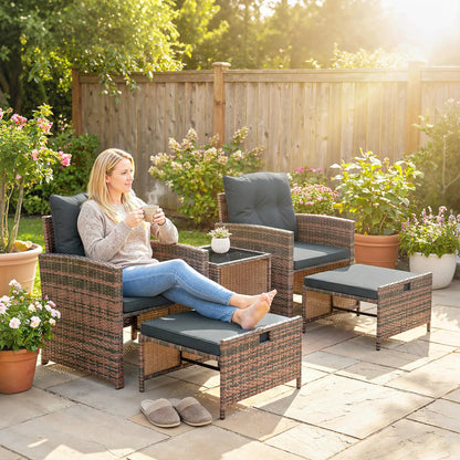 5 Piece Patio Furniture Set, Wicker Chairs, 2-Tier Glass Table, Brown/Dark Grey Patio Furniture Sets at Gallery Canada
