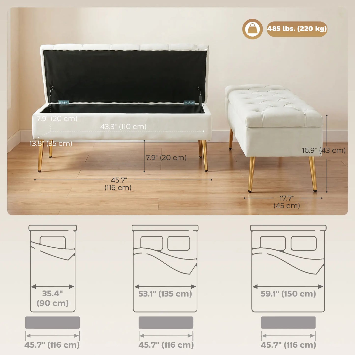 Upholstered Bedroom Bench with Gold Tone Metal Legs, Velvet Tufted and Thick Padding, Beige