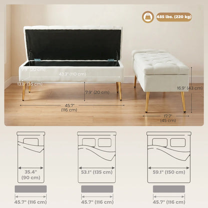 Upholstered Bedroom Bench with Gold Tone Metal Legs, Velvet Tufted and Thick Padding, Beige