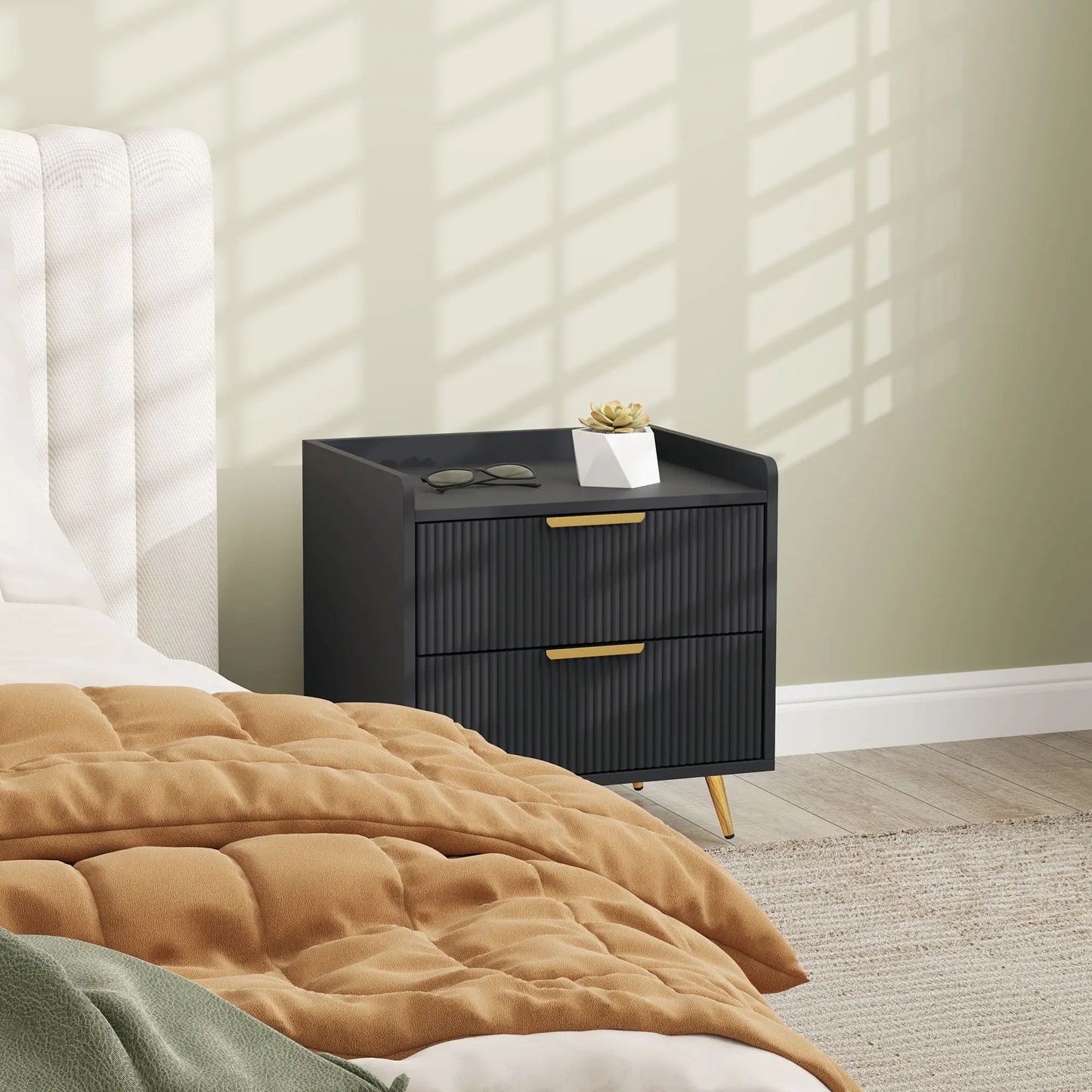 Black Bedside Table, Nightstand with 2 Drawers, Metal Legs, Black Bedside Tables at Gallery Canada